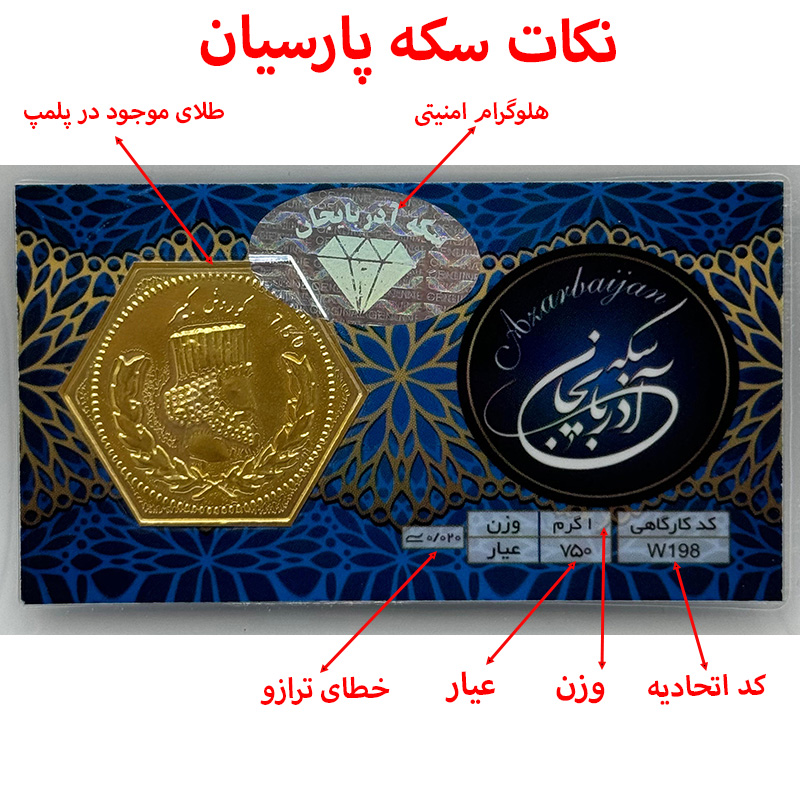 سکه پارسیان آذربایجان یک گرمی | طلای ۱۸ عیار | کد W198